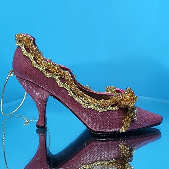 Victorian Purple Shoe Ornaments with Roses Gold Trim Ribbons Old Hollywood Style - Picture 9 of 10